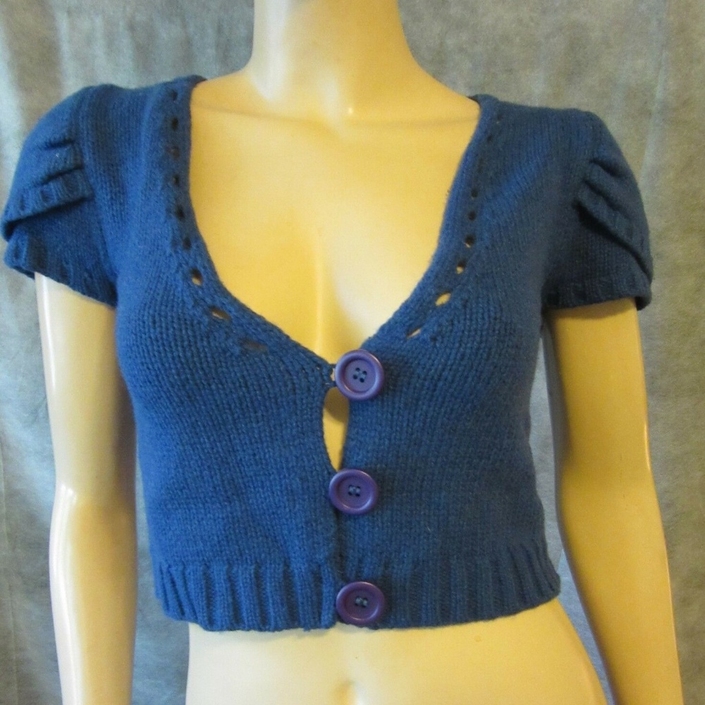 LES PETITES Blue Pointelle Crop Cardigan Sweater S